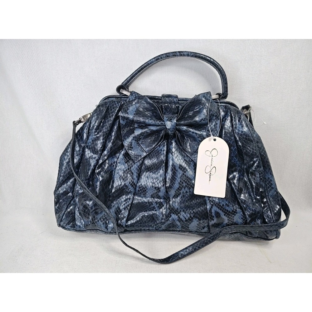 Jessica Simpson Runway Bow Dark Denim Python Faux Leather Satchel Shoulder Bag